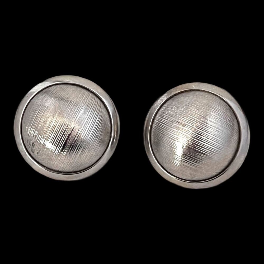 Vintage 1980s Textured Button Earrings Silver Tone Pierced - 7Q